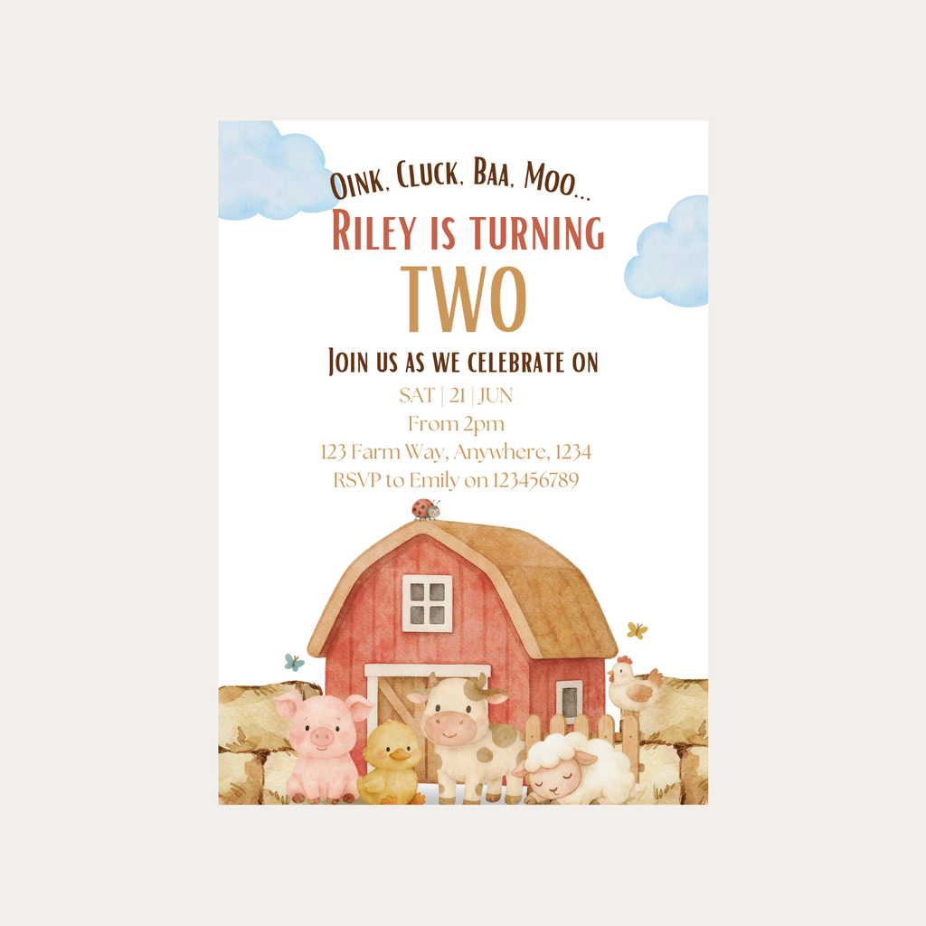 Editable Oink Cluck Baa Moo Farm 2nd Birthday Invitation