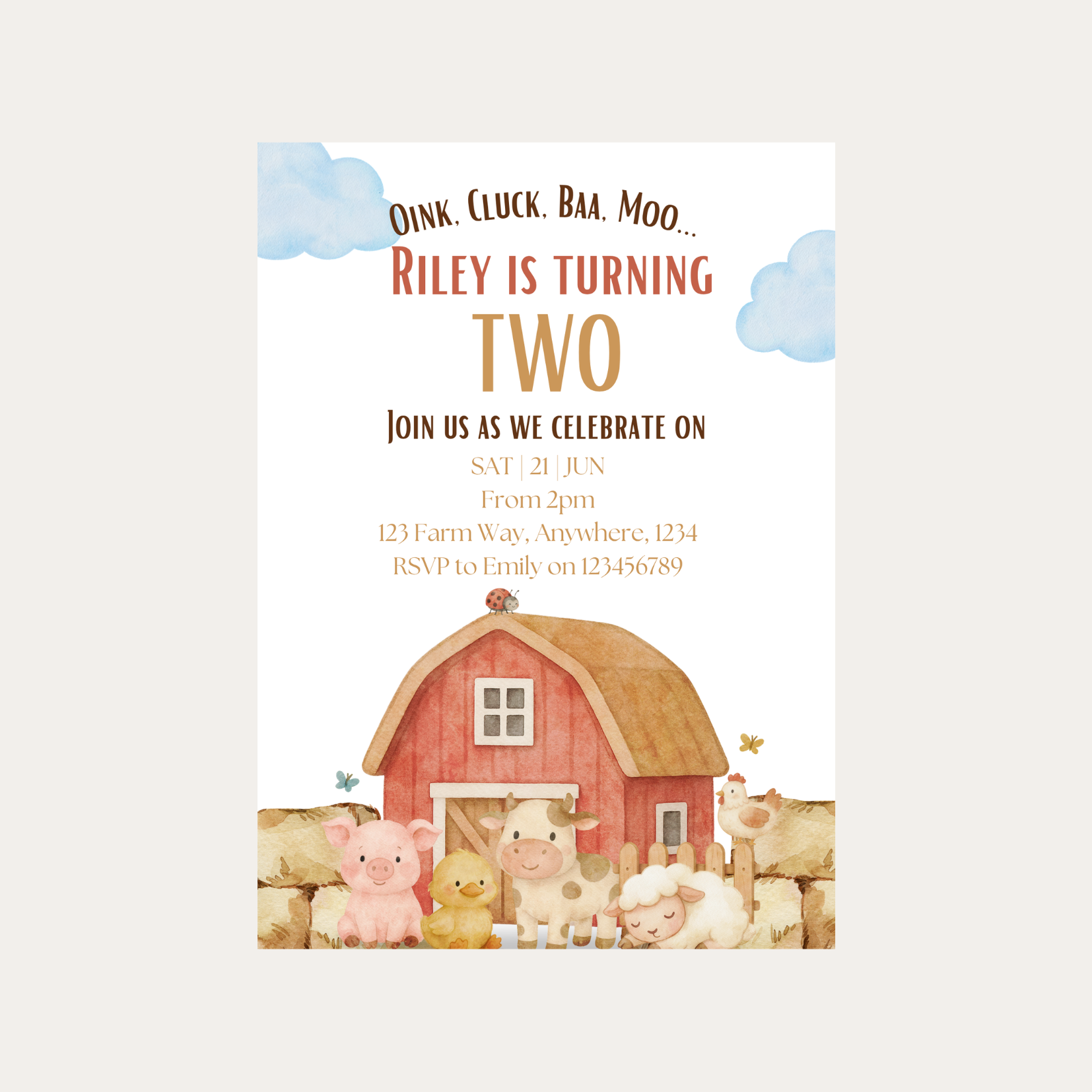 Editable Oink Cluck Baa Moo Farm 2nd Birthday Invitation