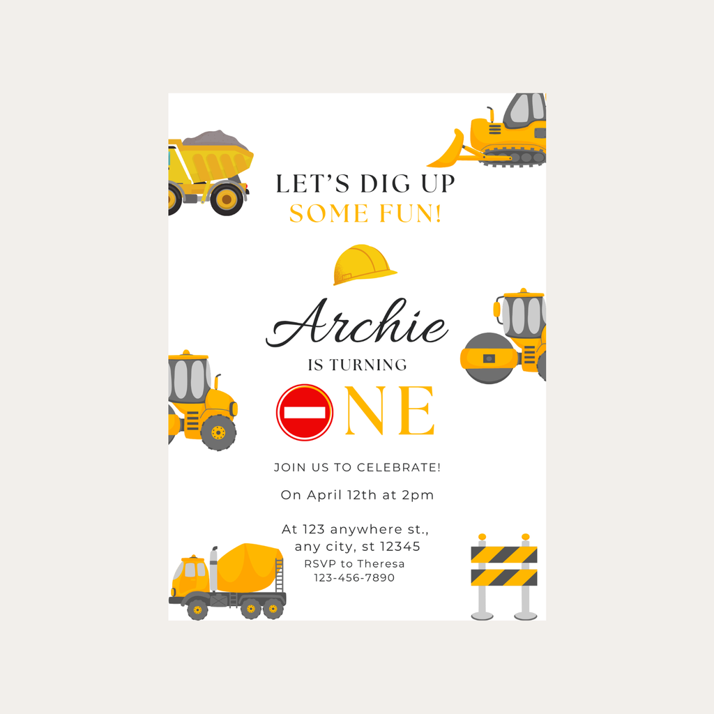 Editable Let’s Dig Up Some Fun First Birthday Invitation