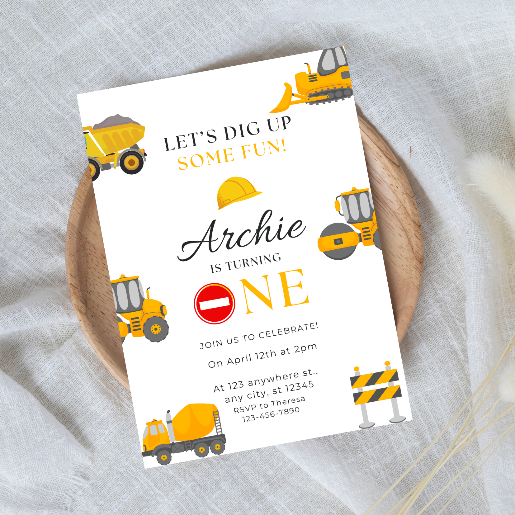 Editable Let’s Dig Up Some Fun First Birthday Invitation