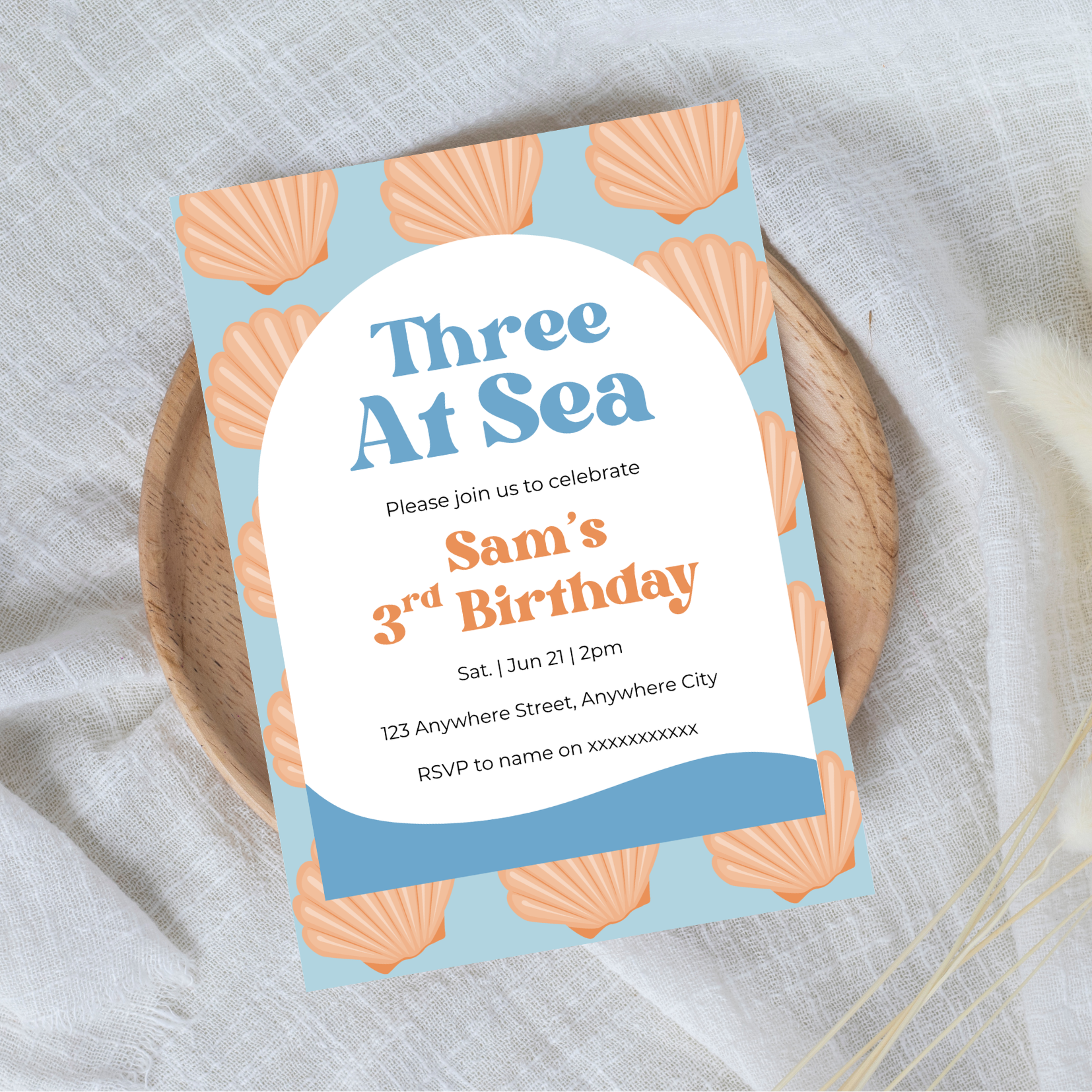 Editable Three at Sea 3rd Birthday Invitation