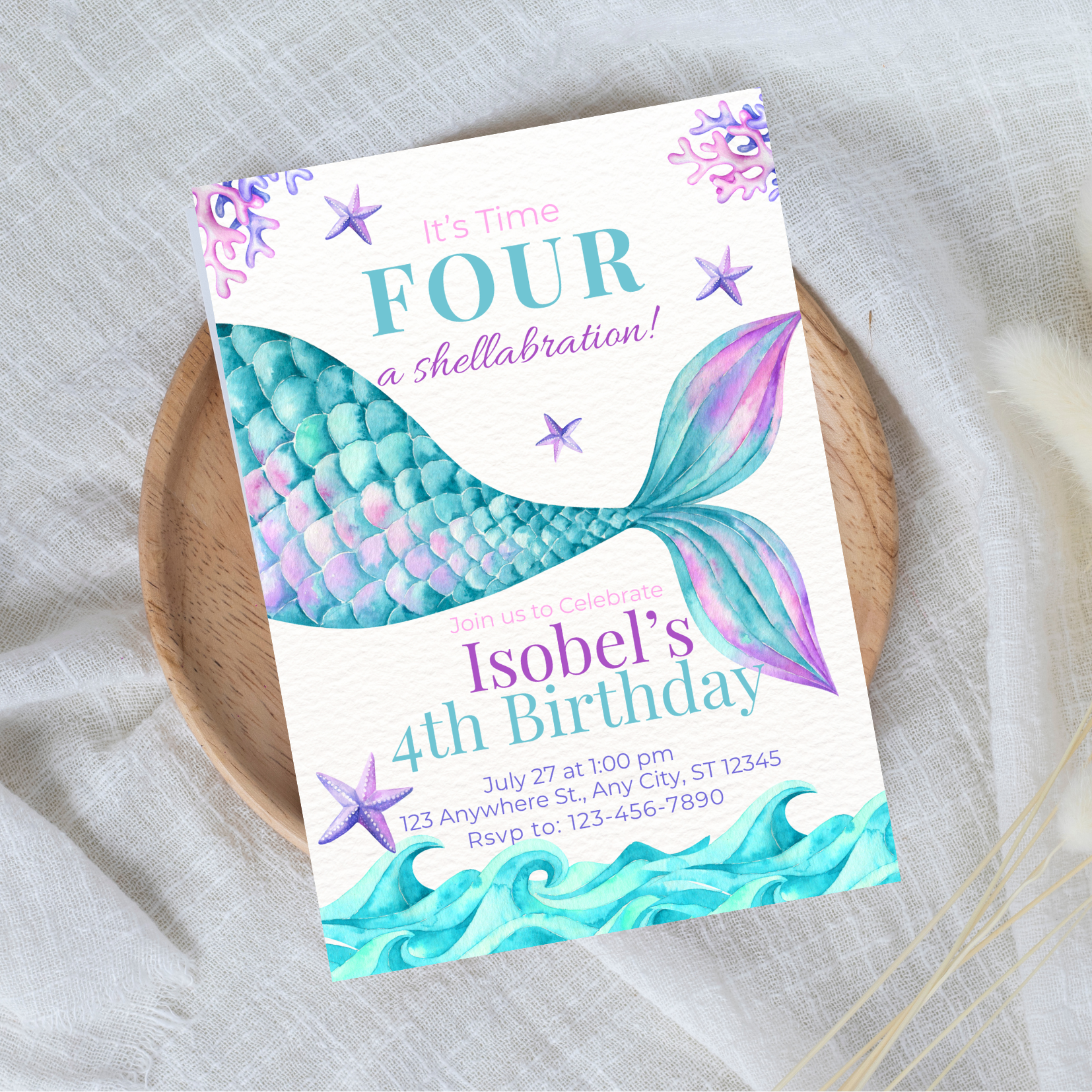 Editable It's Time Four a Shellabration Birthday Invitation