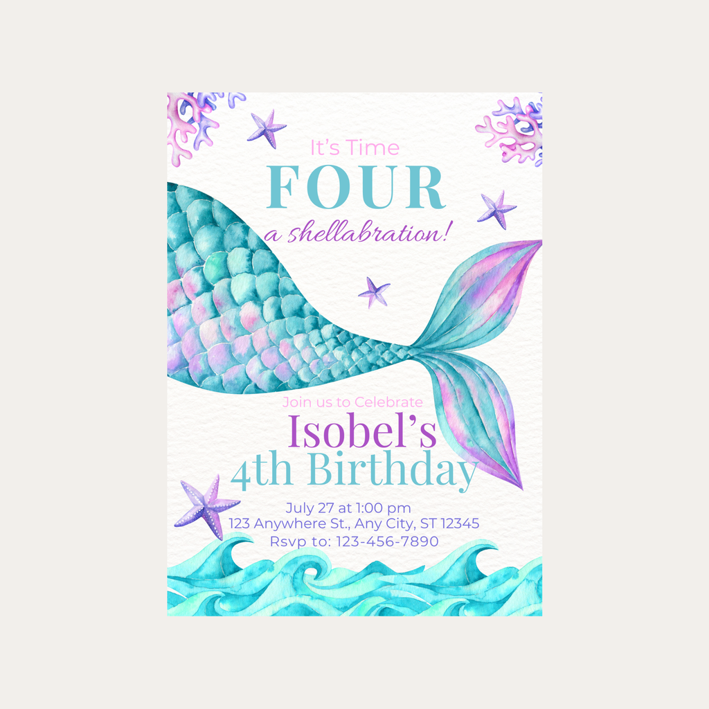 Editable It's Time Four a Shellabration Birthday Invitation