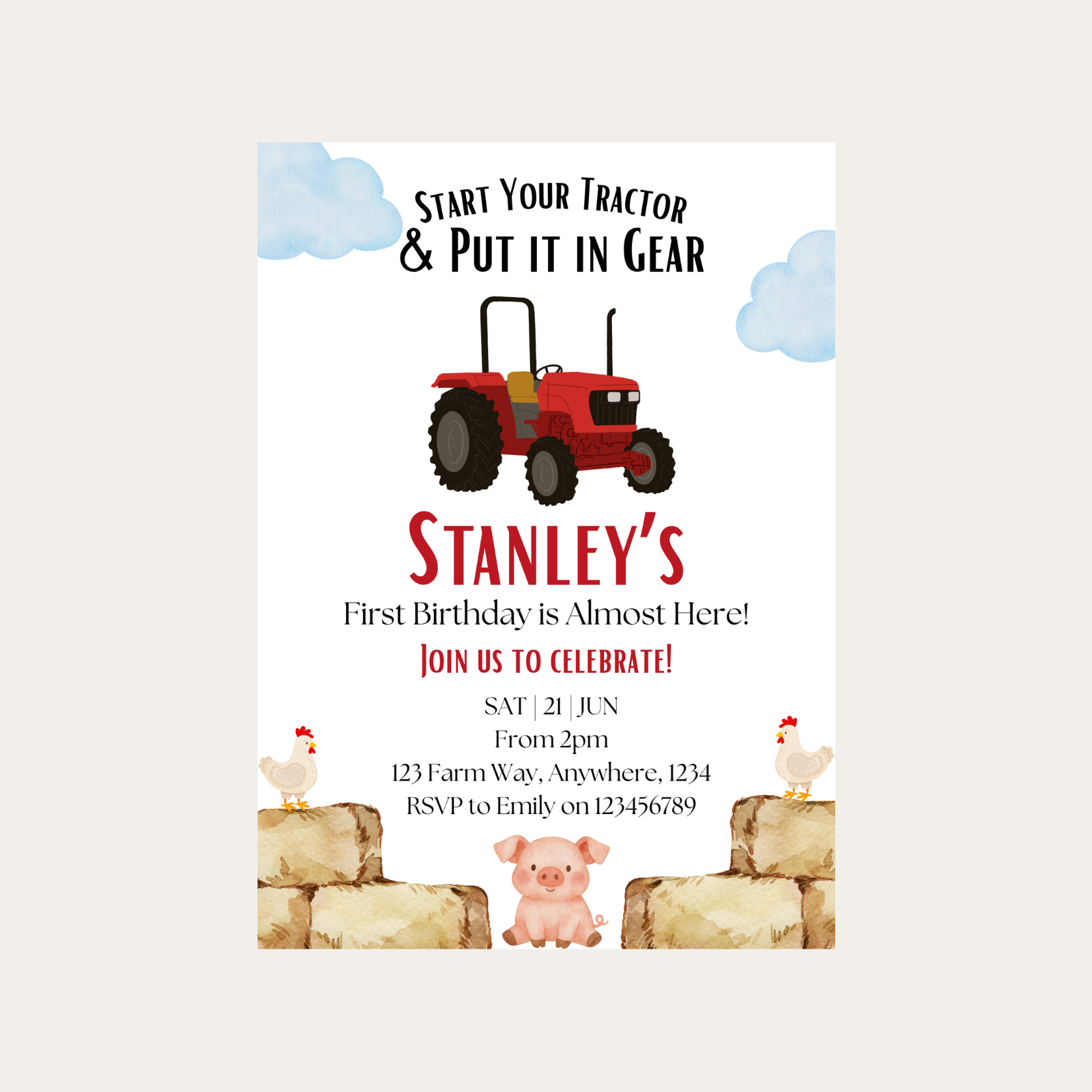 Editable Start Your Tractor Farm First Birthday Invitation