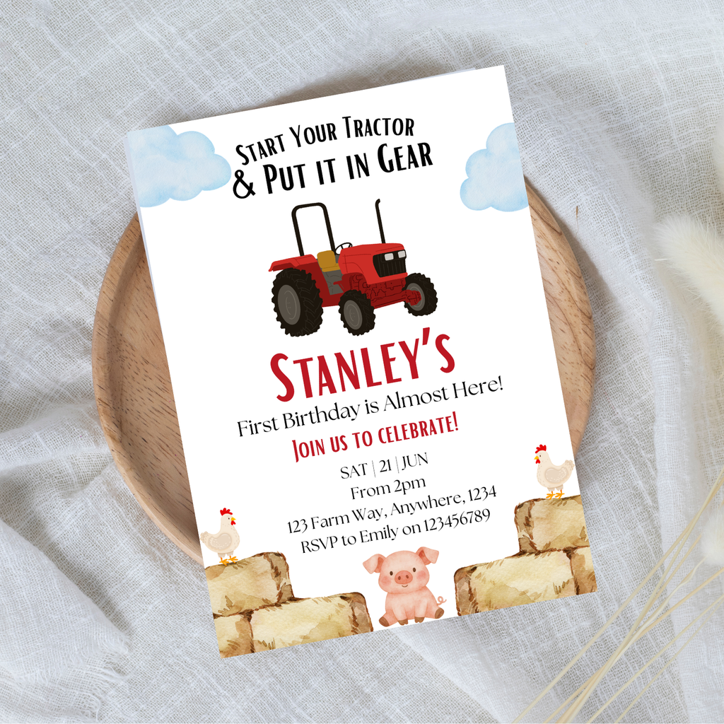 Editable Start Your Tractor Farm First Birthday Invitation