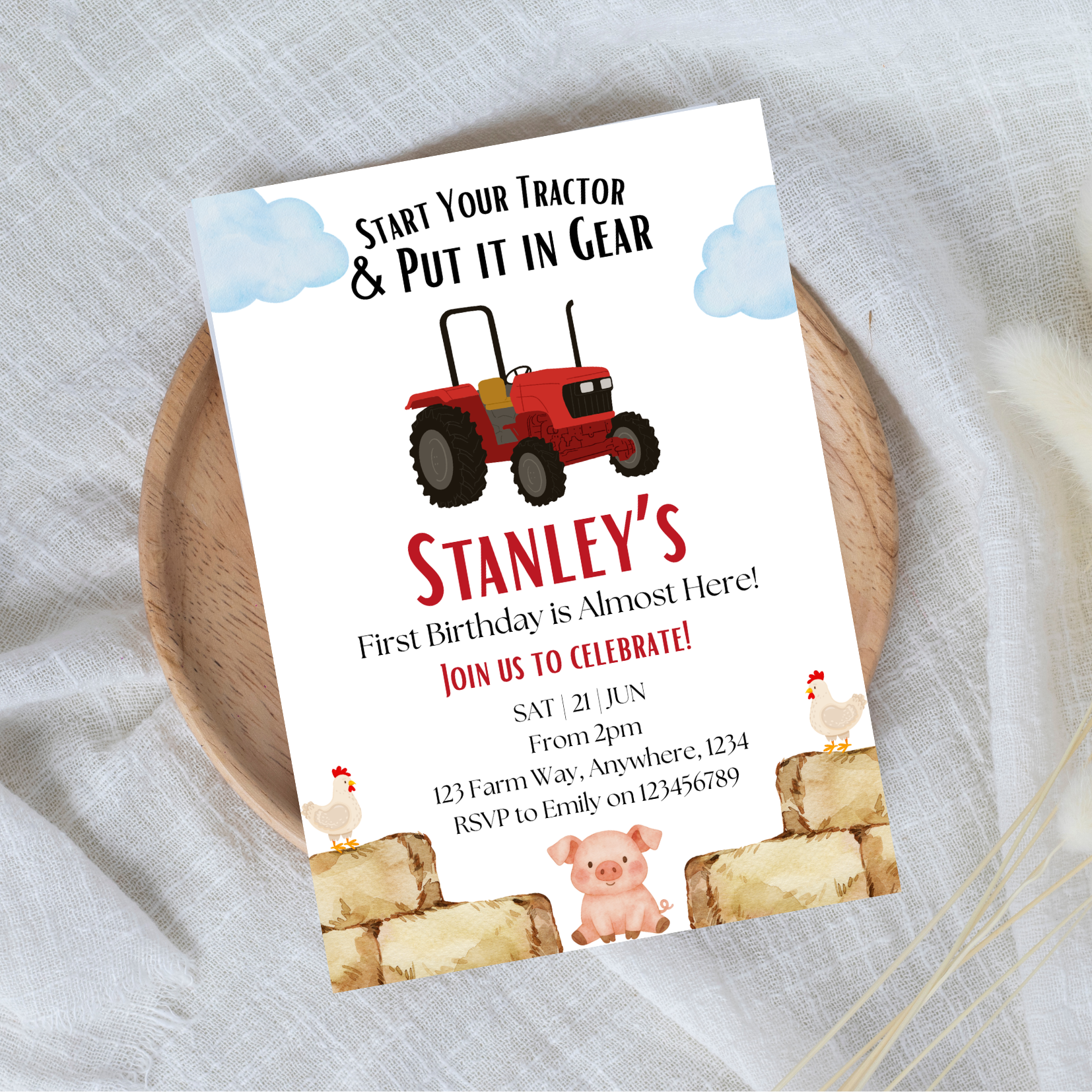 Editable Start Your Tractor Farm First Birthday Invitation