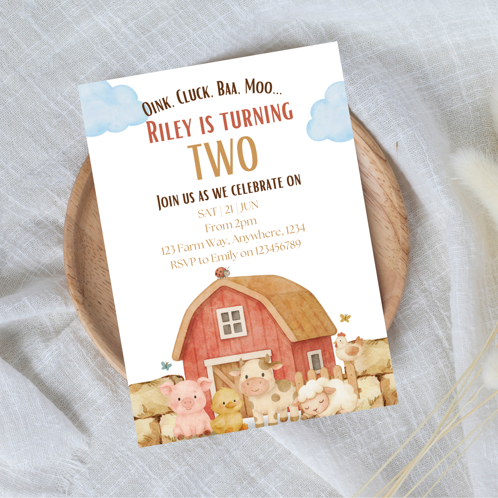 Editable Oink Cluck Baa Moo Farm 2nd Birthday Invitation