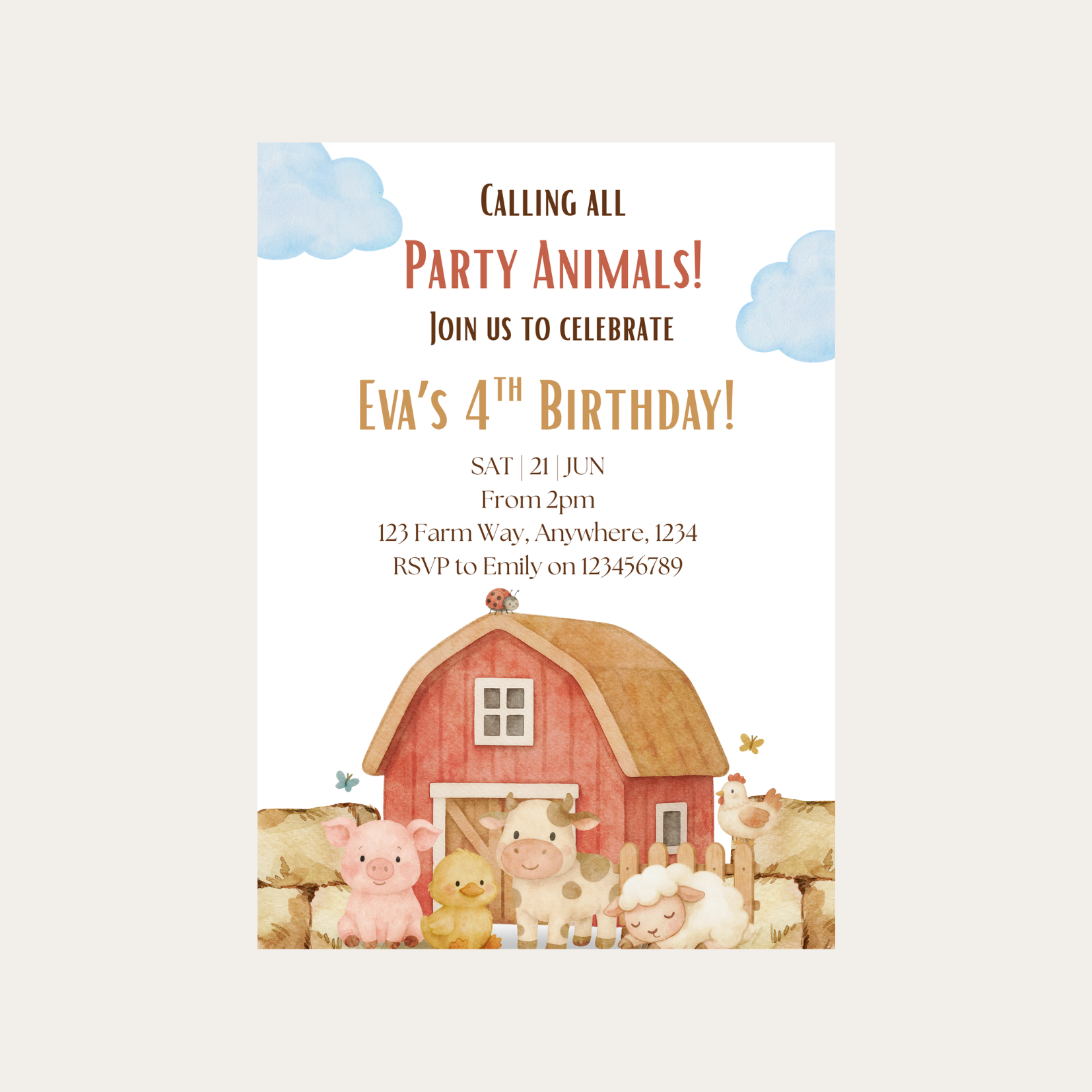 Editable Calling All Party Animals Farm 4th Birthday Invitation