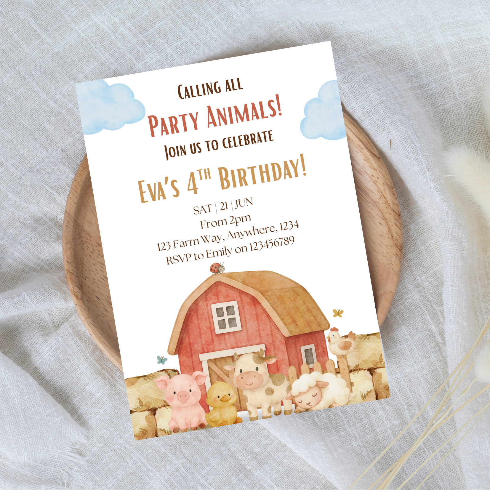 Editable Calling All Party Animals Farm 4th Birthday Invitation
