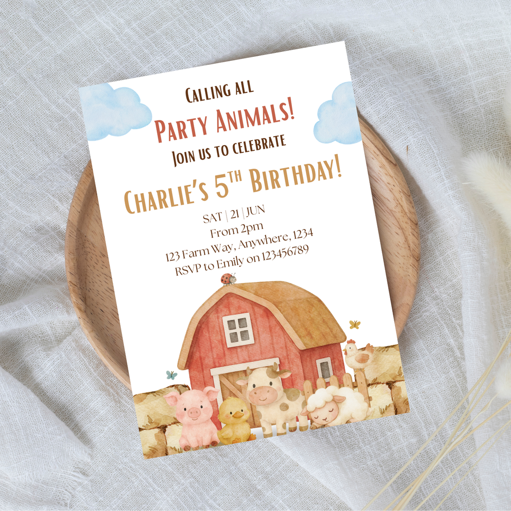Editable Calling All Party Animals Farm 5th Birthday Invitation
