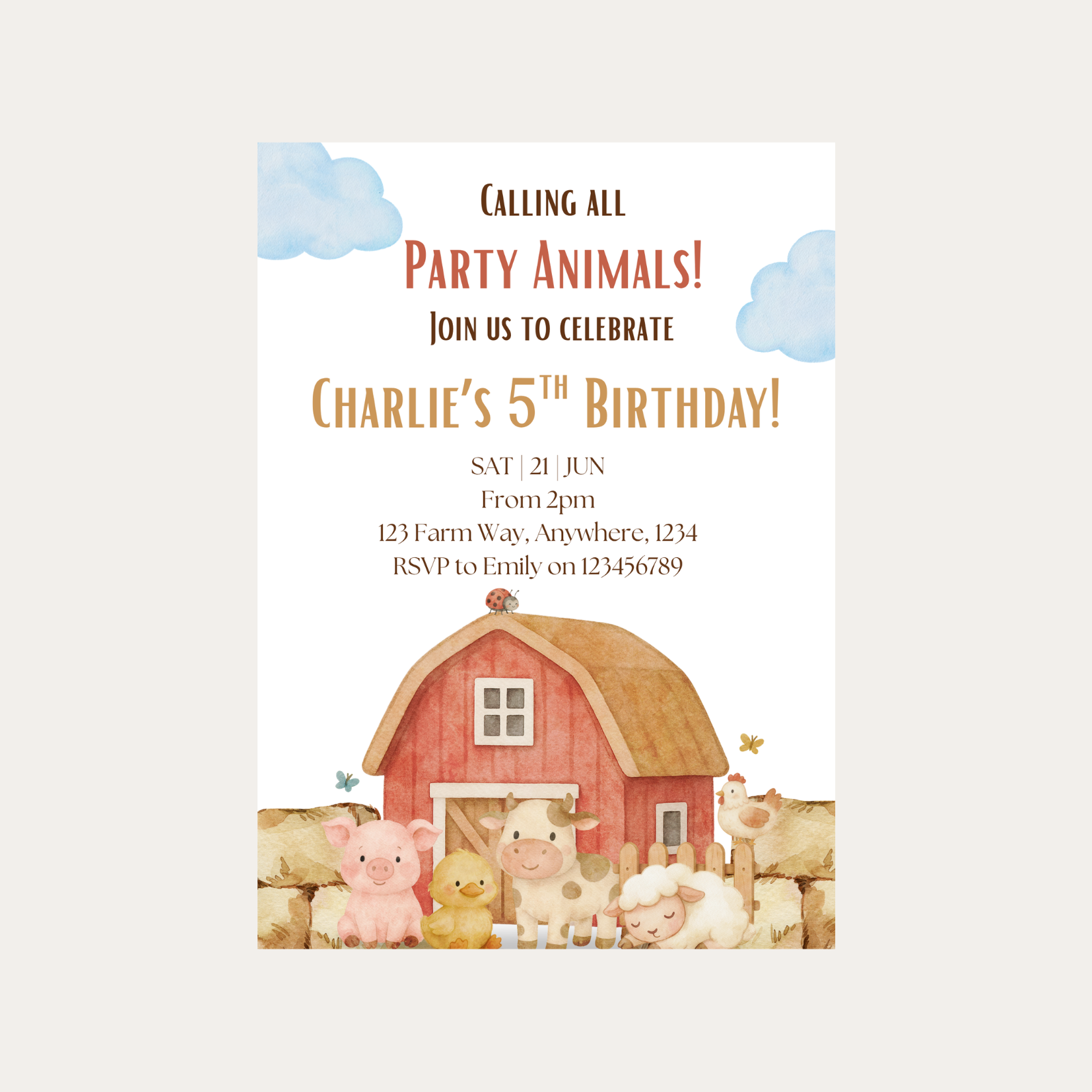 Editable Calling All Party Animals Farm 5th Birthday Invitation