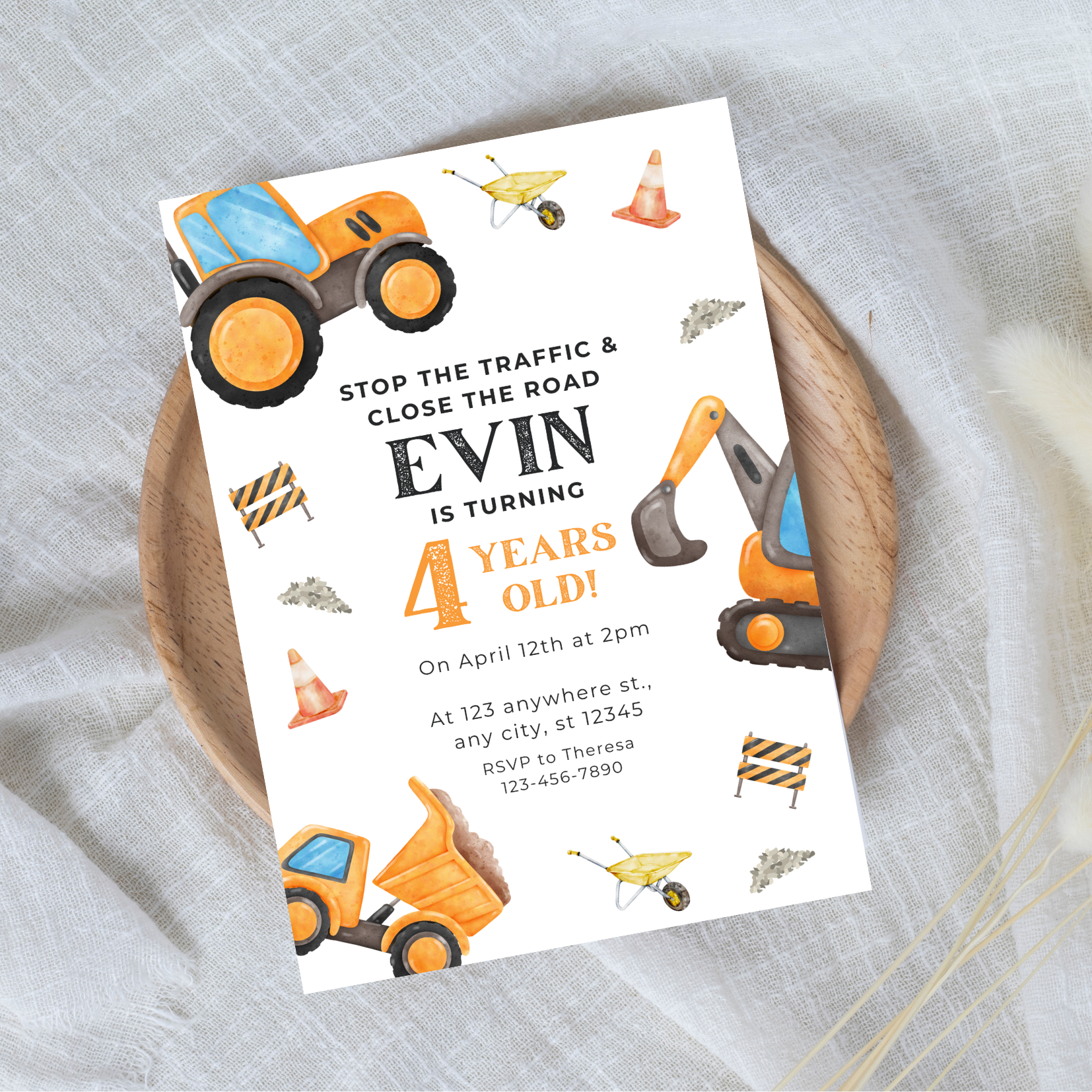 Editable Stop the Traffic Construction 4th Birthday Invitation