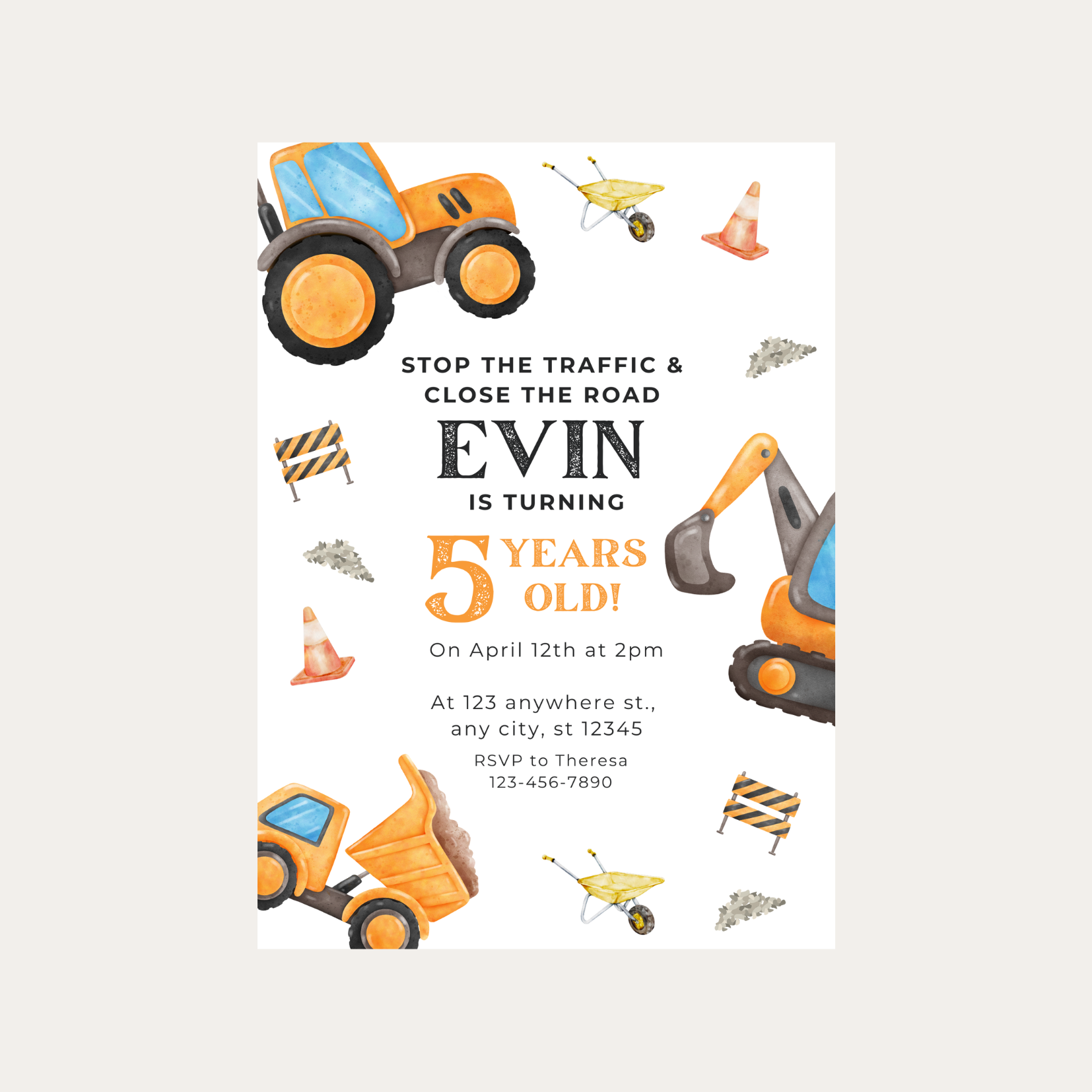 Editable Stop The Traffic Construction 5th Birthday Invitation