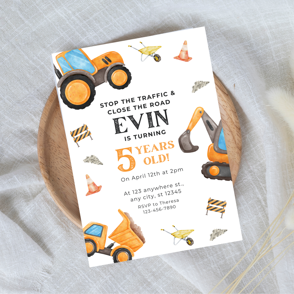 Editable Stop The Traffic Construction 5th Birthday Invitation